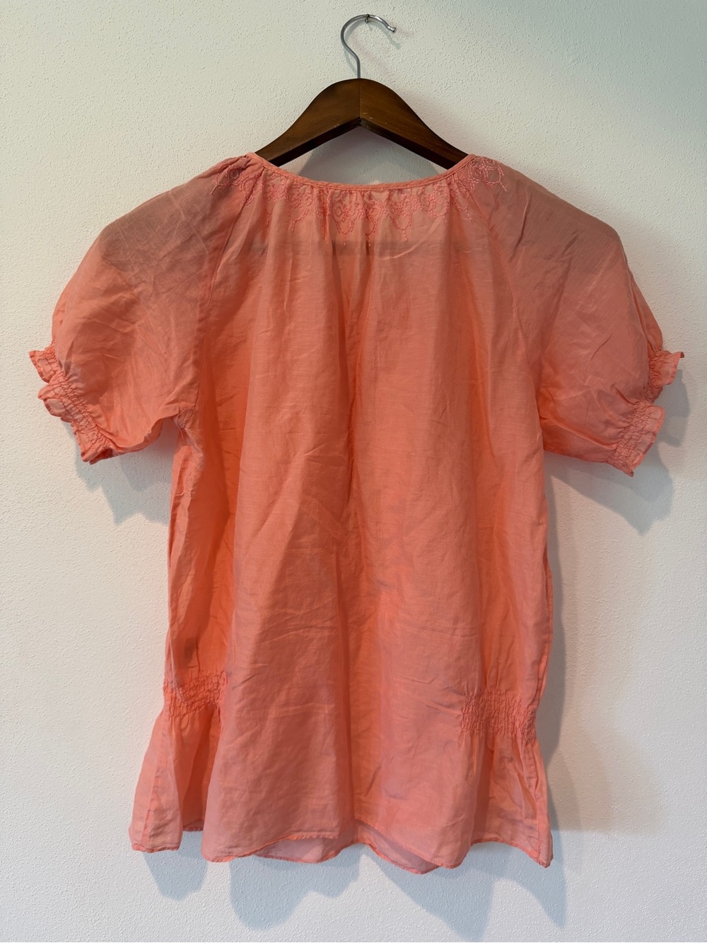 Cotton Silk Blend Peach Semi Sheer Short Sleeve Embroidered Top Beachy Coastal - Picture 9 of 9